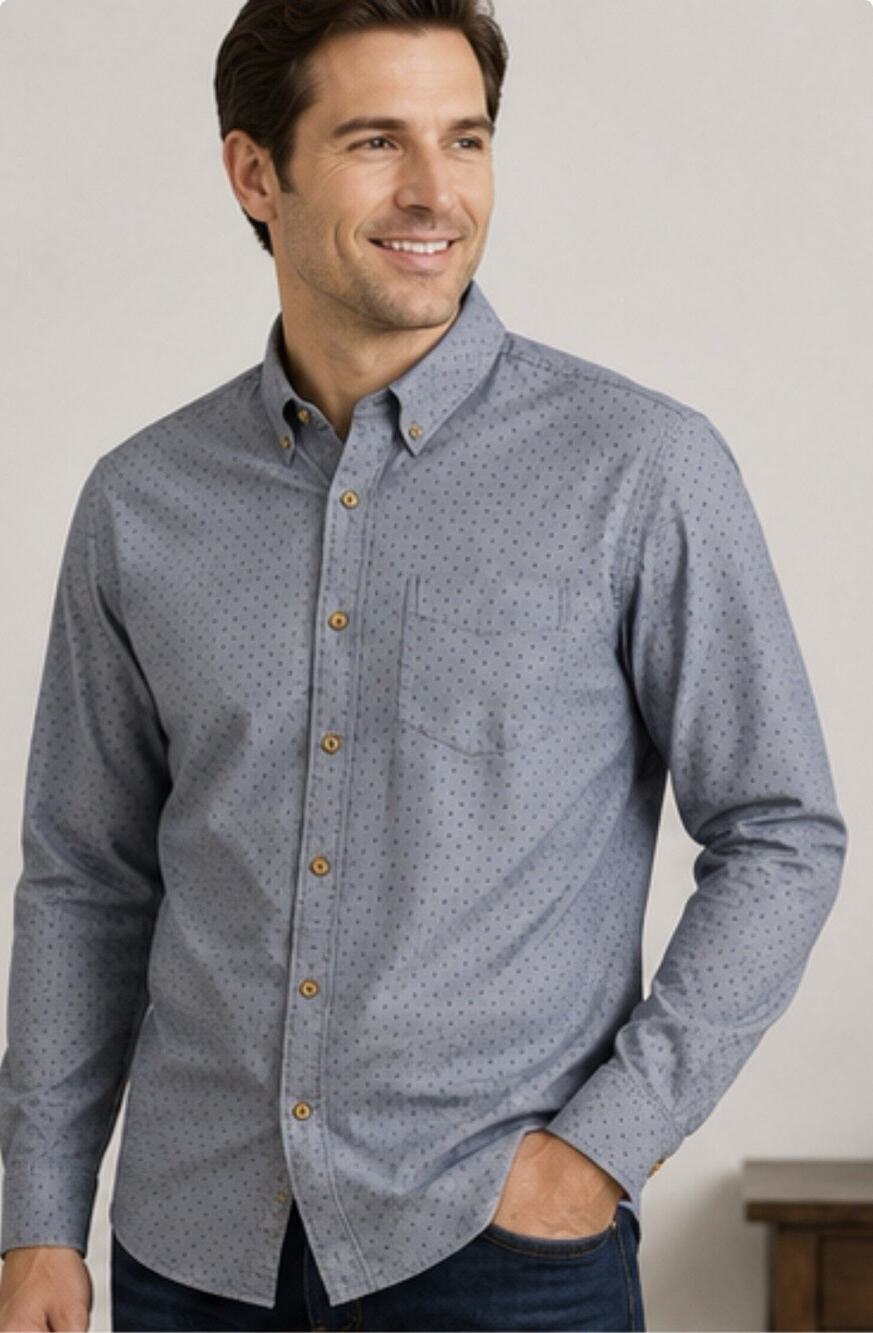 American Eagle Mens XL Gray Blue Dot Classic Fit Long Sleeve Button Up Shirt